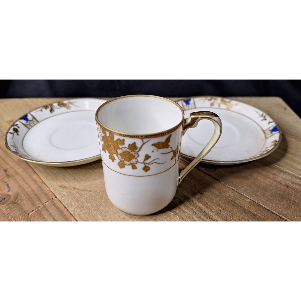 Antique Nippon Hand Painted Gold Floral Butterfly Demitasse Cup and 2 Saucers